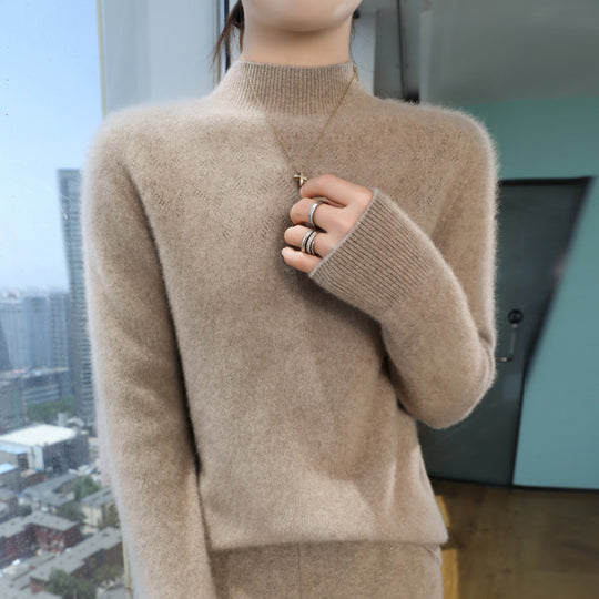Damen Schlanker minimalistischer Stehkragen-Feinstrickpullover mit geripptem Hals Shop Nory