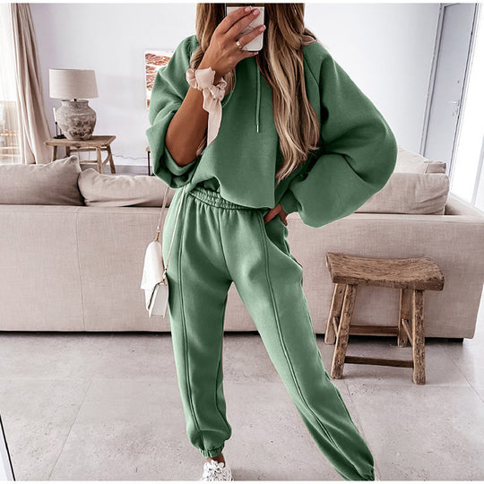 Damen kuscheliges Lounge-Zweiteiler-Set mit oversized Kapuzenpullover, Balloon-Ärmeln und taillierter Jogginghose Shop Nory