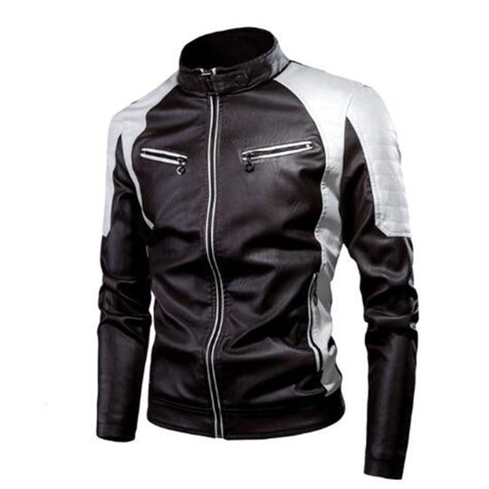 Herren Schmal geschnittene Motorrad-Kunstlederjacke mit Kontrastpaneelen, gesteppter Schulter und Reißverschlusstaschen Shop Nory
