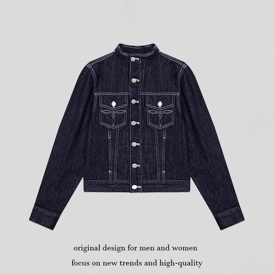 Damen Taillierte Jeansjacke mit Stehkragen, Ziernähten und Metallknopfverschluss Shop Nory