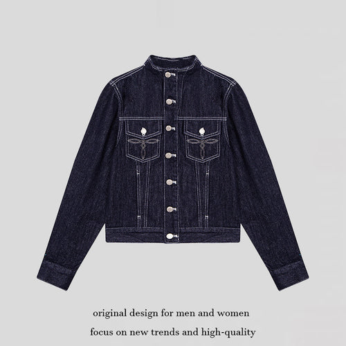 Damen Taillierte Jeansjacke mit Stehkragen, Ziernähten und Metallknopfverschluss Shop Nory
