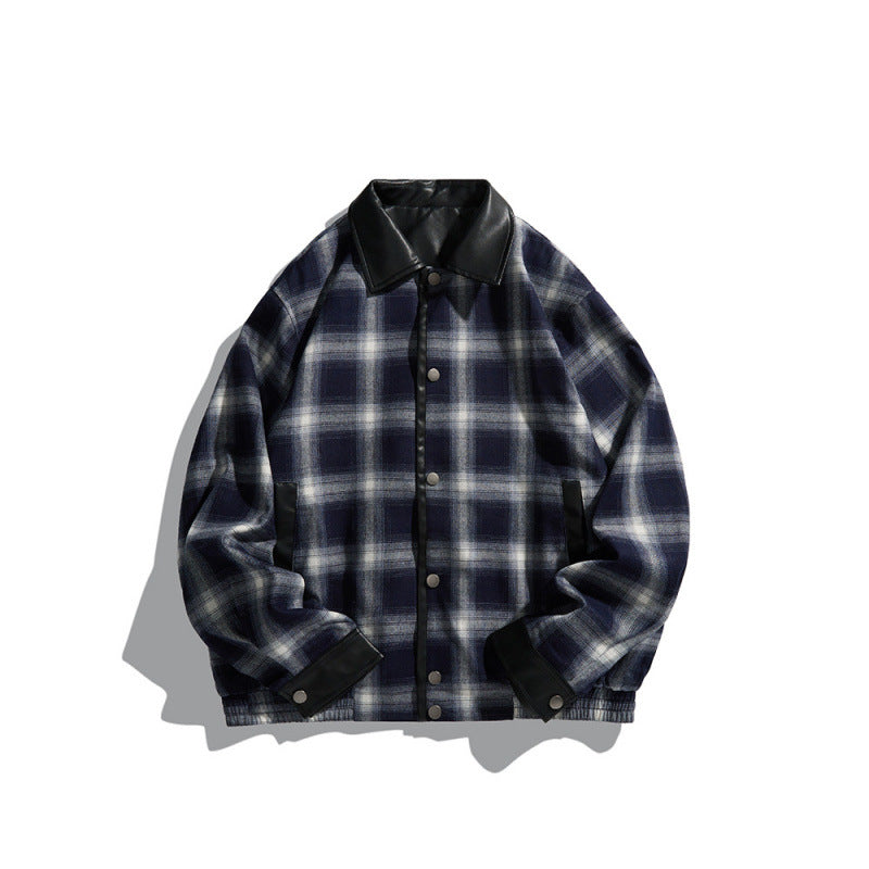 Herren Kastenförmige karierte Hemdjacke mit Kunstlederkragen, Druckknopfverschluss und Lederbesätzen Shop Nory