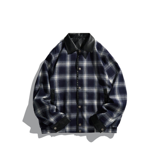 Herren Kastenförmige karierte Hemdjacke mit Kunstlederkragen, Druckknopfverschluss und Lederbesätzen Shop Nory