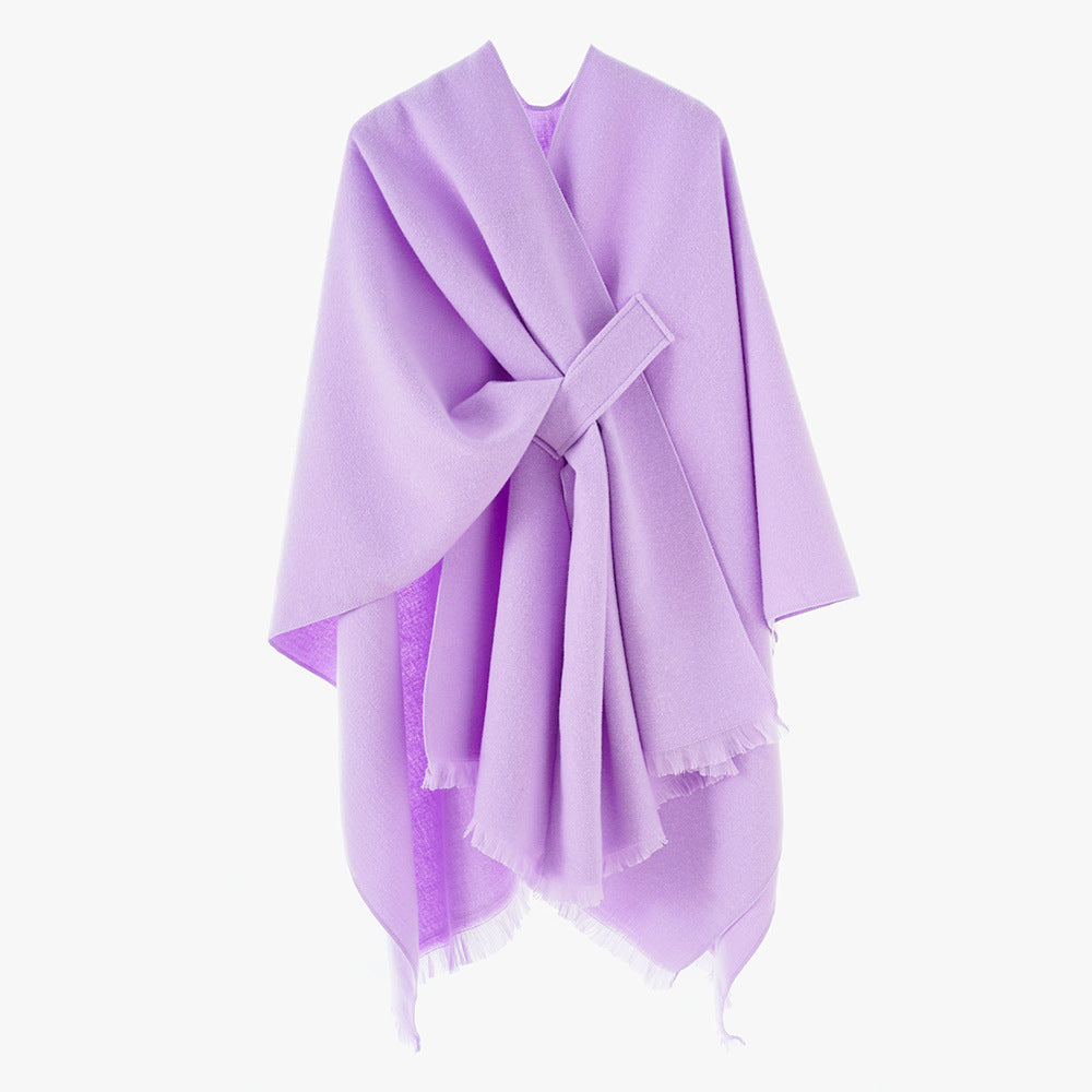 Damen leichter Wollmix-Überwurf mit Fransen und Bindegürtel Shop Nory
