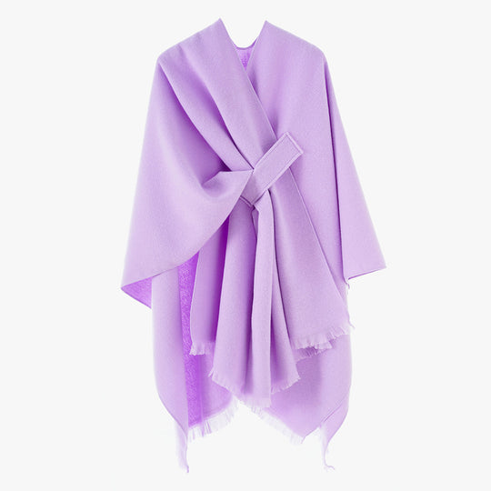 Damen leichter Wollmix-Überwurf mit Fransen und Bindegürtel Shop Nory