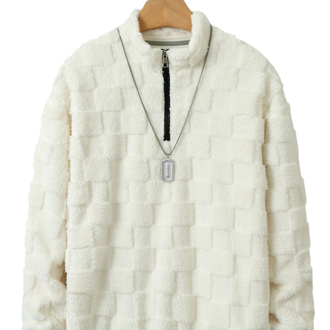 Herren karierter Sherpa-Halbzip-Pullover mit hohem Stehkragen und weicher Teddy-Fleece-Qualität Shop Nory
