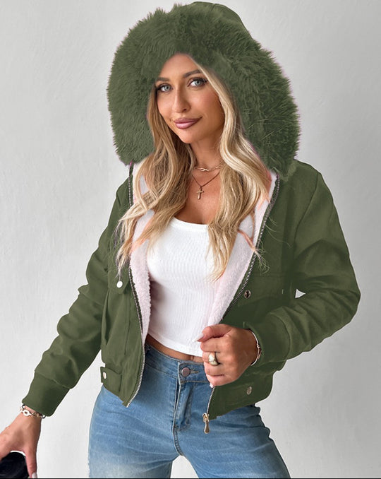 Damen Kurzblouson Winterjacke mit Teddyfutter und abnehmbarer Kunstfellkapuze Shop Nory