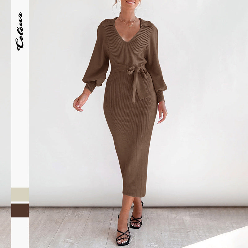 Damen Figurbetontes Rippstrick Midikleid mit V Ausschnitt Schalkragen Ballonärmeln und Bindegürtel Shop Nory