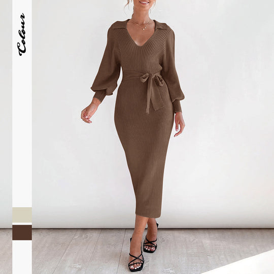 Damen Figurbetontes Rippstrick Midikleid mit V Ausschnitt Schalkragen Ballonärmeln und Bindegürtel Shop Nory