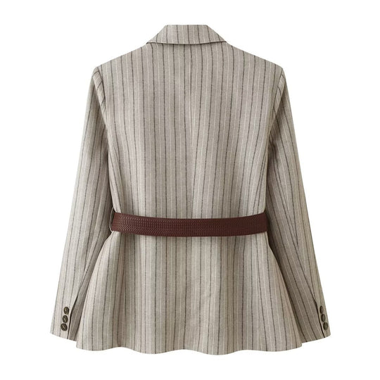 Damen Taillierter Nadelstreifen-Blazer mit Pattentaschen und Taillengürtel Shop Nory