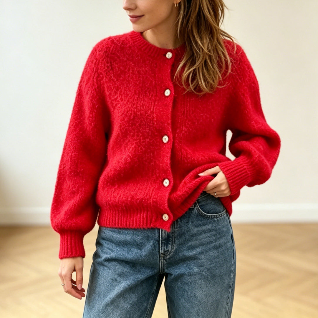 Damen Kuschelige Mohair-Optik Strickjacke mit Rundhals und Ballonärmeln Shop Nory