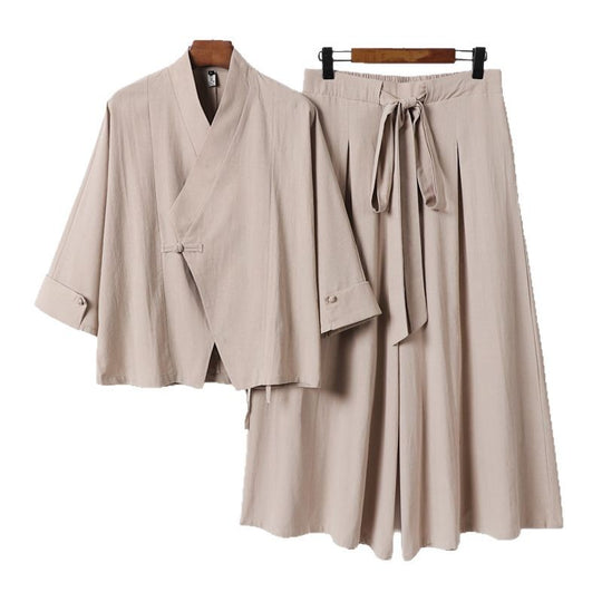 Damen Leichtes Kimono-Loungewear-Set mit V-Ausschnitt dreiviertelärmeln und weiten Palazzo-Hosen Shop Nory