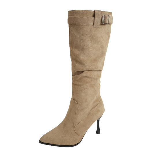 Damen Kniehohe Velours-Stiefel mit spitzer Zehenpartie und schmalem Stiletto-Absatz Shop Nory