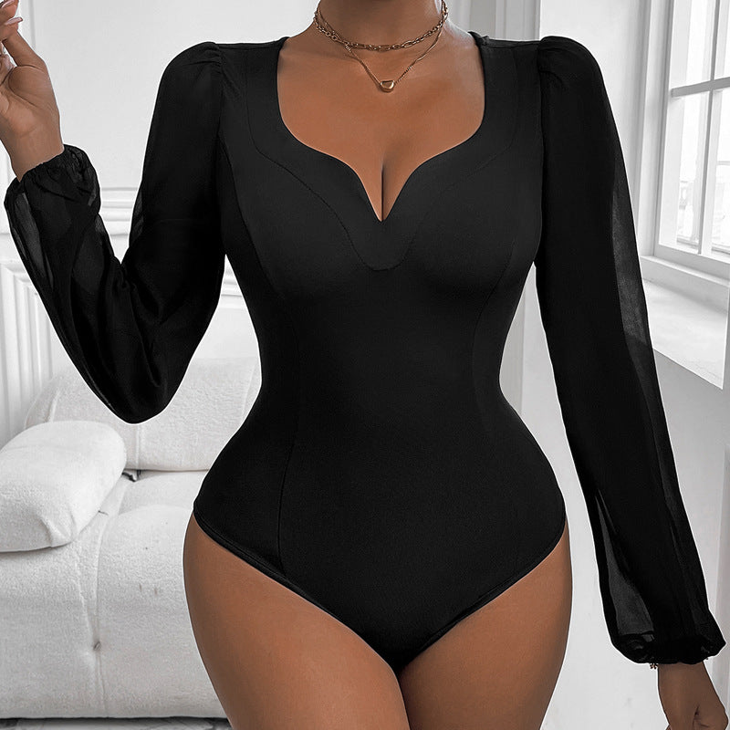 Damen Figurbetontes Body-Top mit herzförmigem Ausschnitt, Puffärmeln und taillierter Silhouette Shop Nory