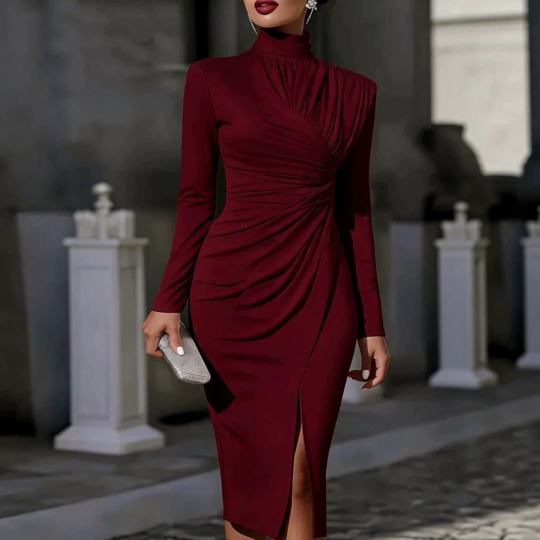Damen Elegantes Midikleid mit geraffter Drapierung, Stehkragen und Beinschlitz Shop Nory