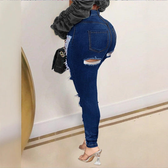 Damen hochtaillierte Skinny-Jeans mit XXL-Knieausschnitten, stark zerrissener Used-Optik und sculptendem Schnitt Shop Nory