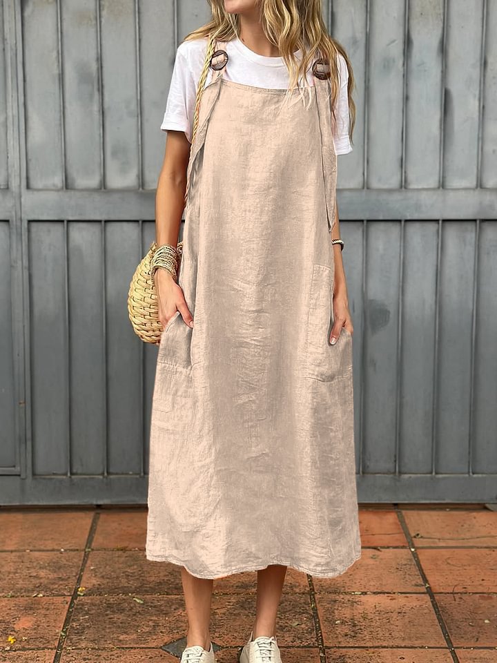 Damen Lässiges Leinen-Latzkleid mit praktischen Seitentaschen und verstellbaren Trägern Shopnory