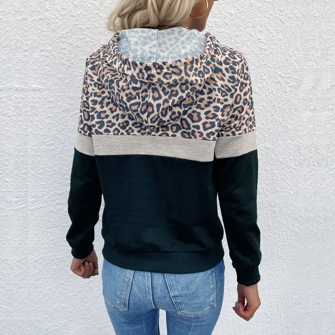Damen Kapuzenpullover im Blockdesign mit Leopardenmuster, Kängurutasche und Tunnelzug Shop Nory