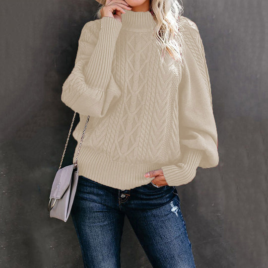 Damen Grobstrick-Pullover mit Zopfmuster, Stehkragen und Ballonärmeln Shop Nory
