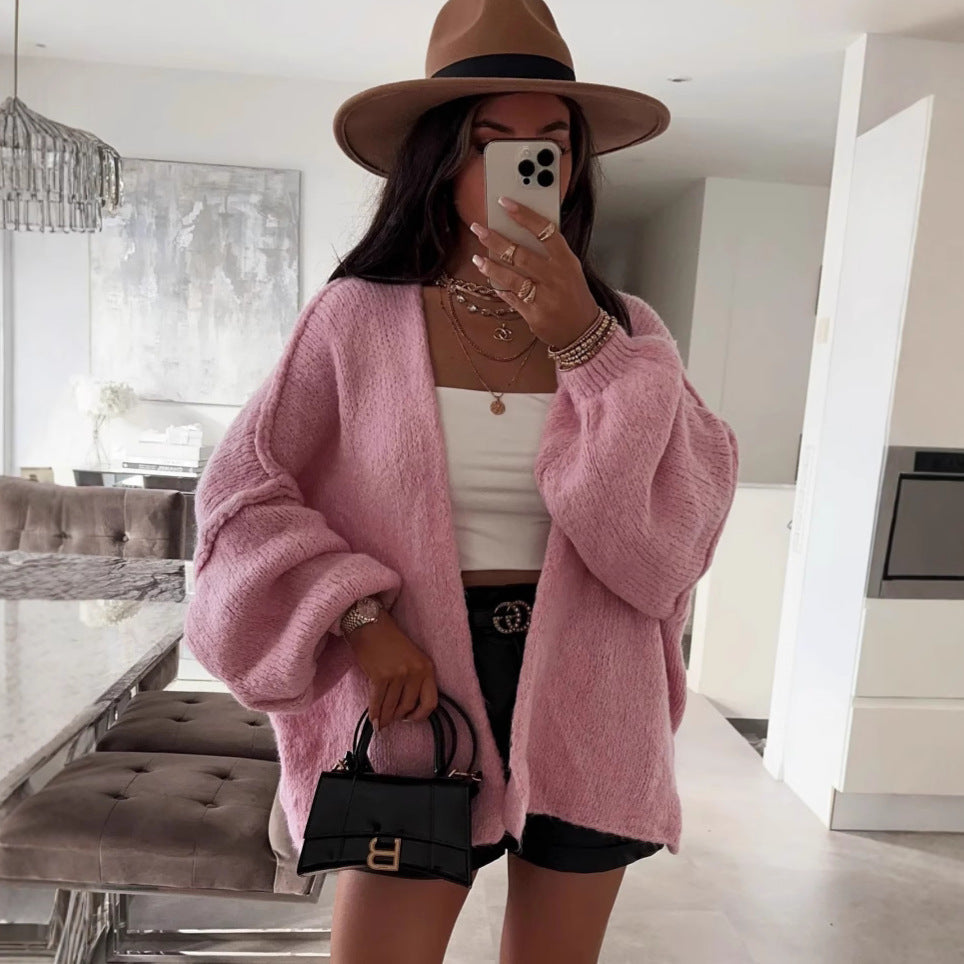 Damen oversized Strickjacke mit lässigen Ballonärmeln und strukturiertem Material