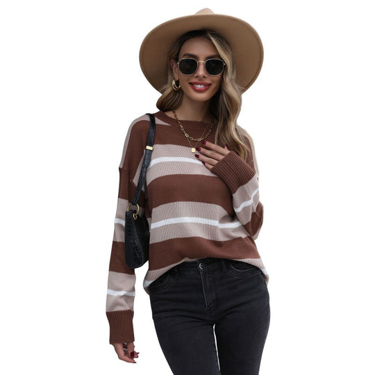 Damen Gestreifter Feinstrickpullover mit Rundhals und legerer Oversize-Passform Shop Nory