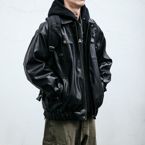 Herren Oversized Lederoptik-Utility-Jacke mit Pattentaschen und elastischem Saum Shop Nory