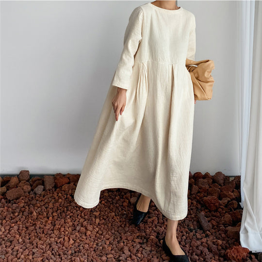 Damen Maxikleid aus Leinenmix mit geraffter Hüftpasse, seitlichen Eingrifftaschen und weitem Tellerrock Shop Nory