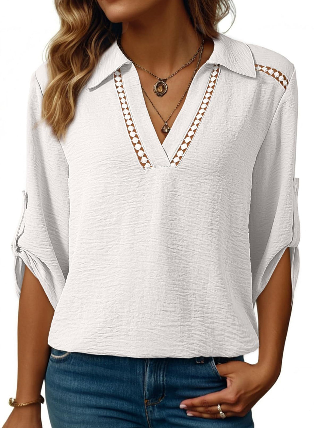 Damen Bluse mit V-Ausschnitt, gehäkelter Spitzenpasse und krempelbaren Dreiviertelärmeln Shop Nory