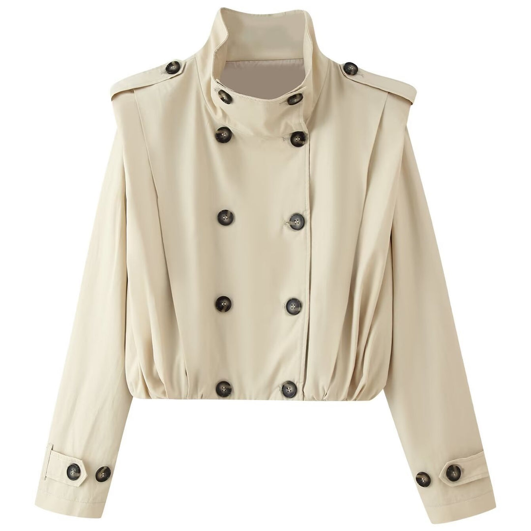 Damen Kurzjacke im Trenchstil, doppeltreihig mit hohem Stehkragen und Taillensmock Shop Nory