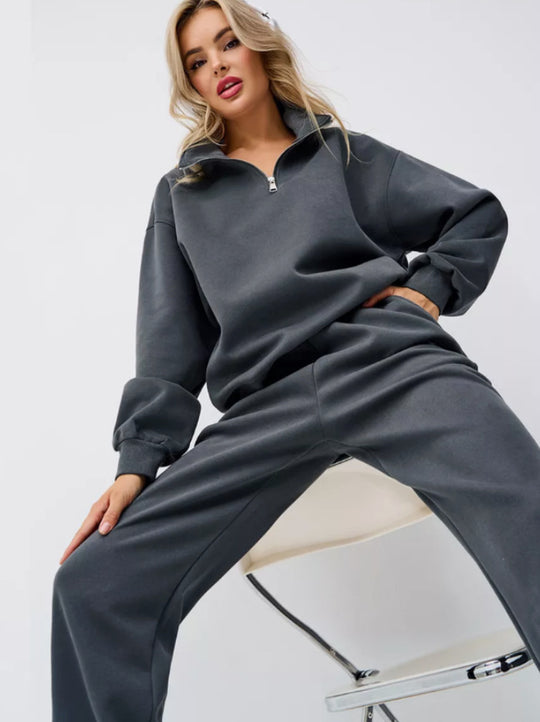 Damen Sweatset mit Halbreißverschluss, oversized Pullover und hochtaillierter weit geschnittener Jogginghose Shop Nory