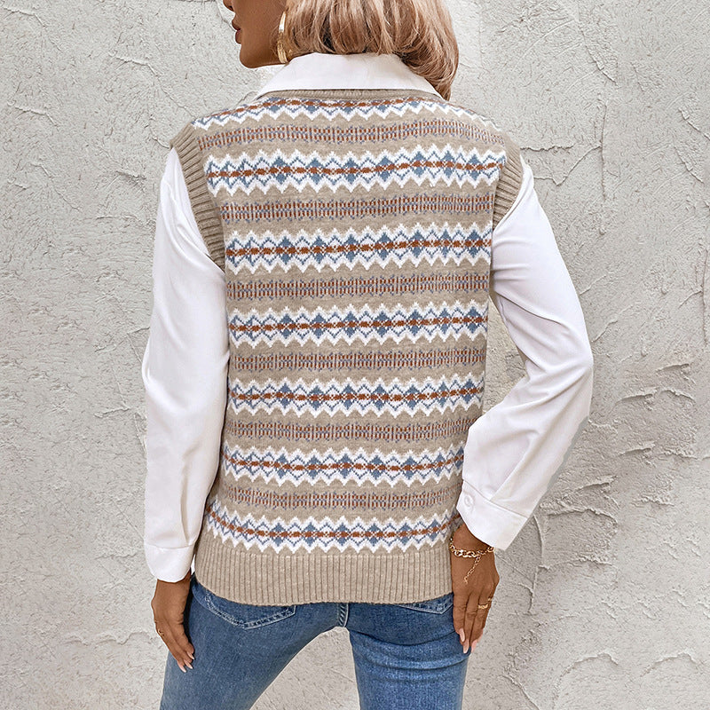 Damen Modischer Strickpullover mit V-Ausschnitt und geometrischem Muster Shop Nory