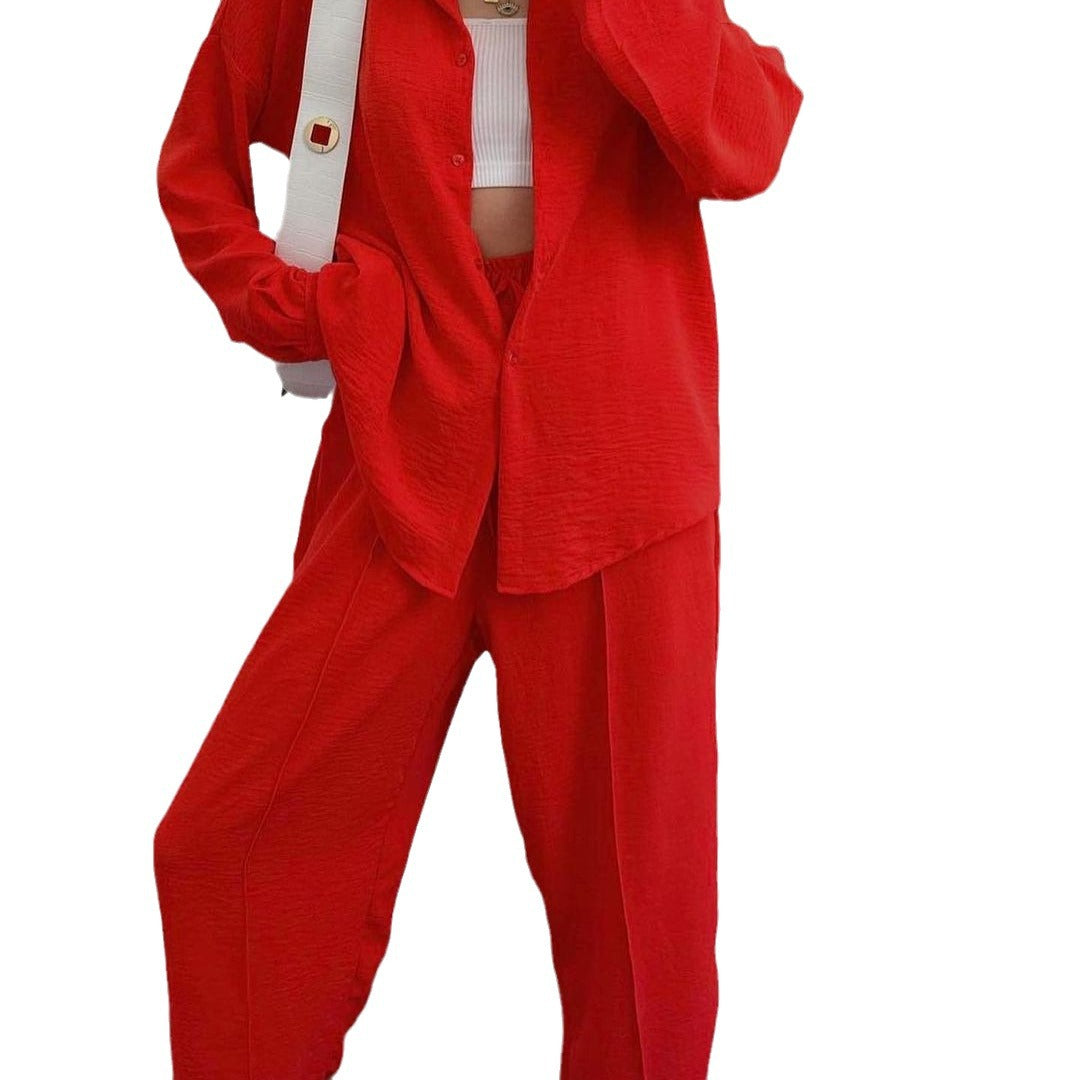 Damen Lässiges zweiteiliges Lounge-Set aus Crêpe mit Oversize-Hemd und hohem Elastikbund Shop Nory