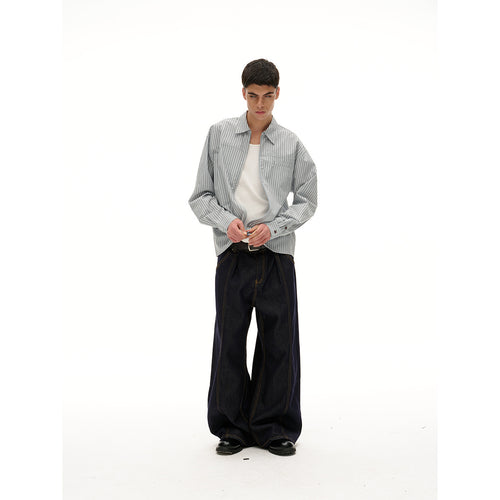 Unisex Leichte gestreifte Hemdjacke mit durchgehendem Reißverschluss und Brustpaspeltasche Shop Nory