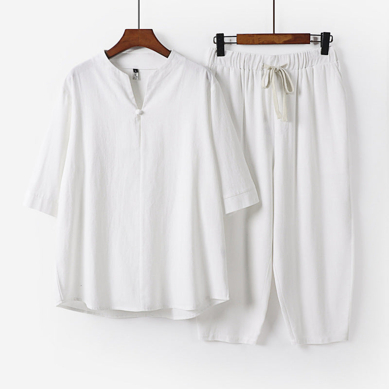 Damen Leichtes Leinen-Baumwoll-Loungewear-Set mit Stehkragen, Dreiviertelärmeln und Gummizugbundhose Shop Nory