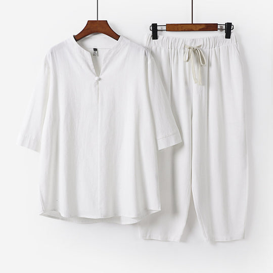 Damen Leichtes Leinen-Baumwoll-Loungewear-Set mit Stehkragen, Dreiviertelärmeln und Gummizugbundhose Shop Nory