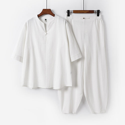 Herren Zweiteiliges Leichtes Leinen-Baumwoll-Set mit Mandarin-Kragen und elastischer Bundhose Shop Nory