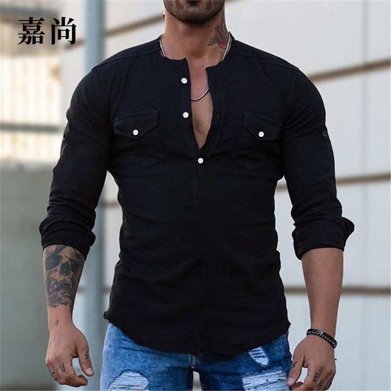 Herren Schmal geschnittenes Henleyshirt mit Brusttaschen und halber Knopfleiste Shop Nory