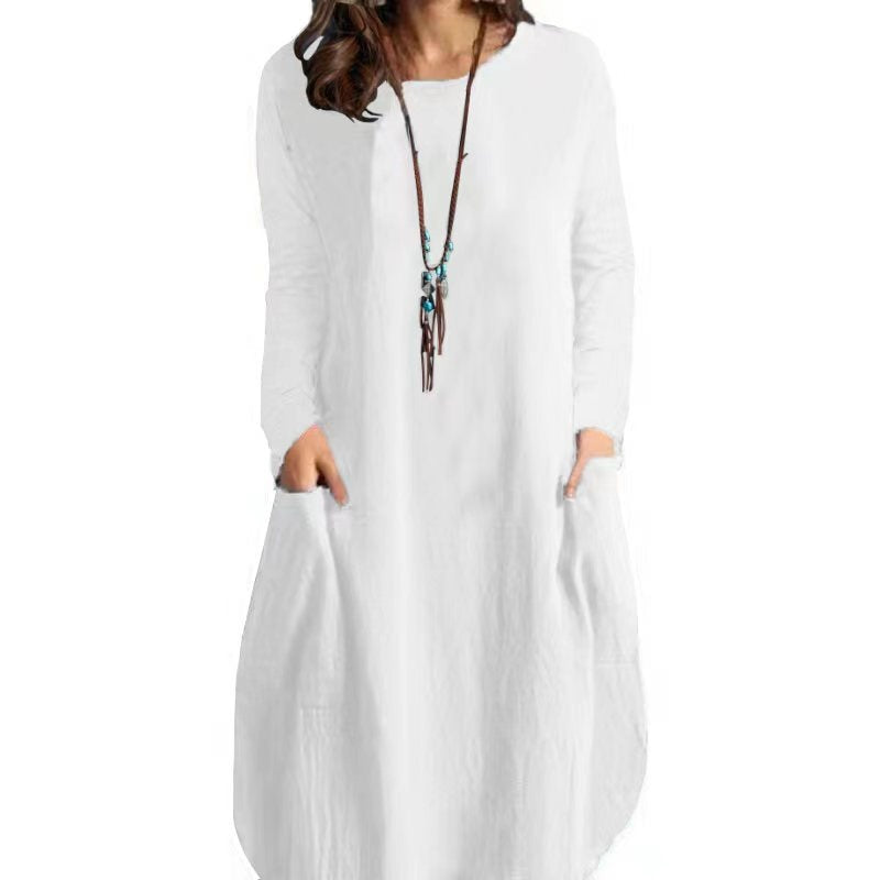 Damen Langes A‑Linien Leinenoptik Kleid mit Eingrifftaschen und Rundhalsausschnitt Shop Nory