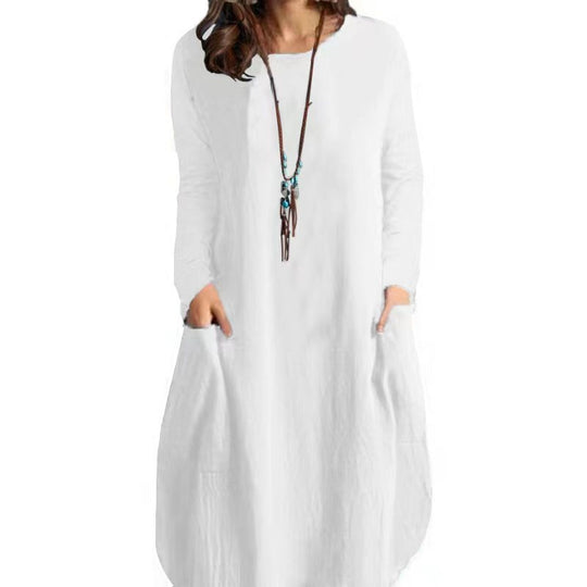 Damen Langes A‑Linien Leinenoptik Kleid mit Eingrifftaschen und Rundhalsausschnitt Shop Nory