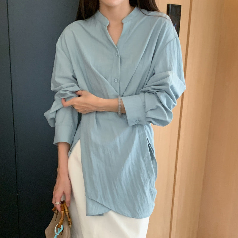 Damen Wickelbluse mit geraffter Taille und Ballonärmeln Shop Nory