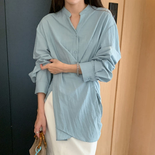 Damen Wickelbluse mit geraffter Taille und Ballonärmeln Shop Nory