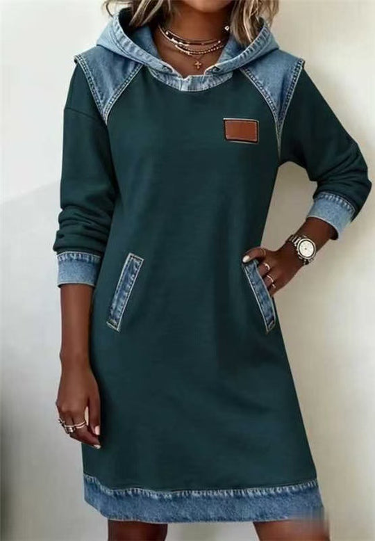 Damen nan Kapuzen-Sweatkleid mit Jeans-Applikationen, Kängurutaschen und lässigem Schnitt Shop Nory