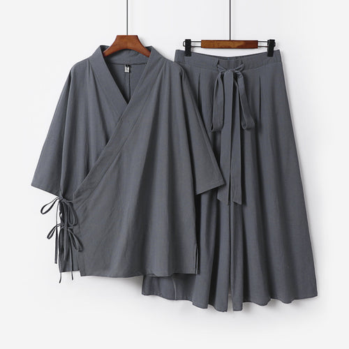 Damen Kimono-Loungewear-Set aus leichter Viskose mit Wickeloberteil und weitem Culotte-Hosenrock Shop Nory