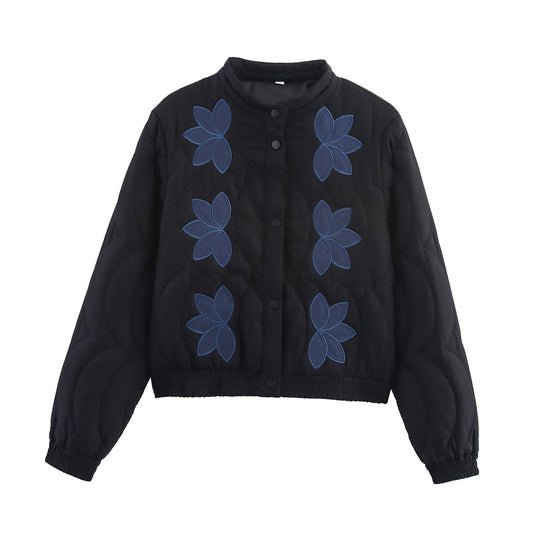 Damen Kurzer gesteppter Blouson mit floraler Stepp-Applikation, Stehkragen und elastischem Bund Shop Nory