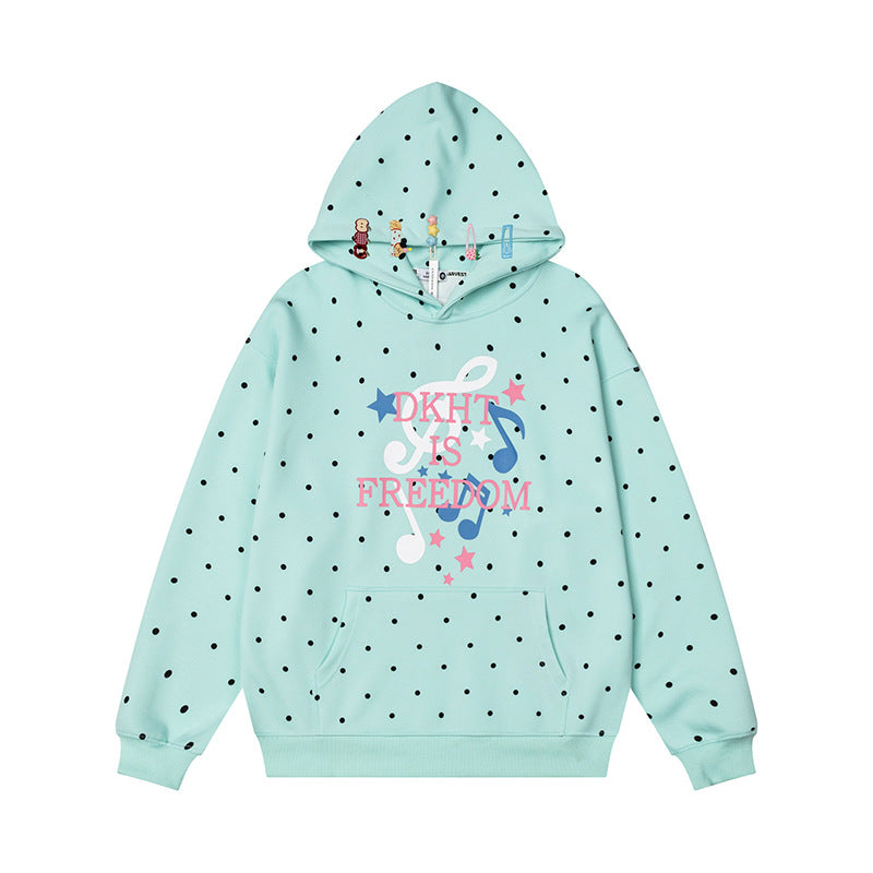 Damen Kapuzenpullover mit Polka-Dot, musikalischem Notenprint und Kängurutasche Shop Nory