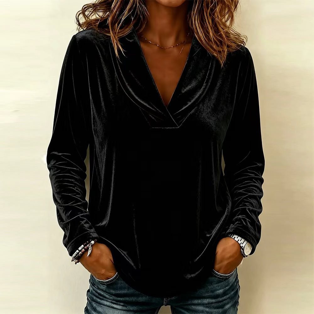 Damen Velours-Longsleeve mit tiefem Schalkragen und gerundetem Saum Shop Nory