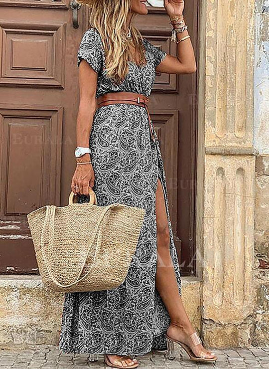 Damen Maxikleid mit seitlichem Schlitz und V-Ausschnitt Shopnory