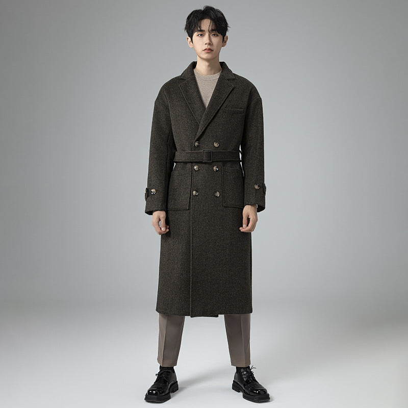 Herren Maxilanger Wollmix-Mantel im Tweed-Look mit Oversize-Schnitt, Doppelreihe und Bindegürtel Shop Nory