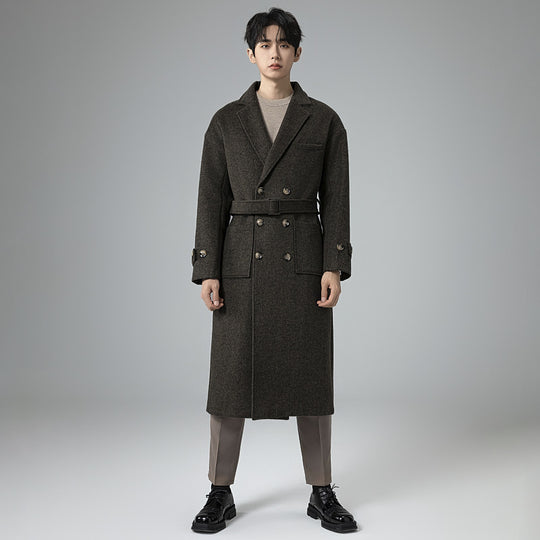 Herren Maxilanger Wollmix-Mantel im Tweed-Look mit Oversize-Schnitt, Doppelreihe und Bindegürtel Shop Nory