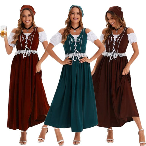 Damen nan langes Trachtenkleid im Dirndlstil mit Corsage-Schnürung und Spitzenbund Shop Nory